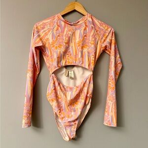 OP Women’s Floral Cutout Long Sleeve One-Piece Swimsuit - Pink, Peach & Lavender